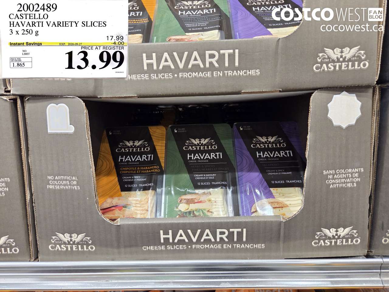 2002489 CASTELLO HAVARTI VARIETY SLICES 3 X 250 G ($4.00 INSTANT SAVINGS EXPIRES ON 2026-09-27) $13.99
