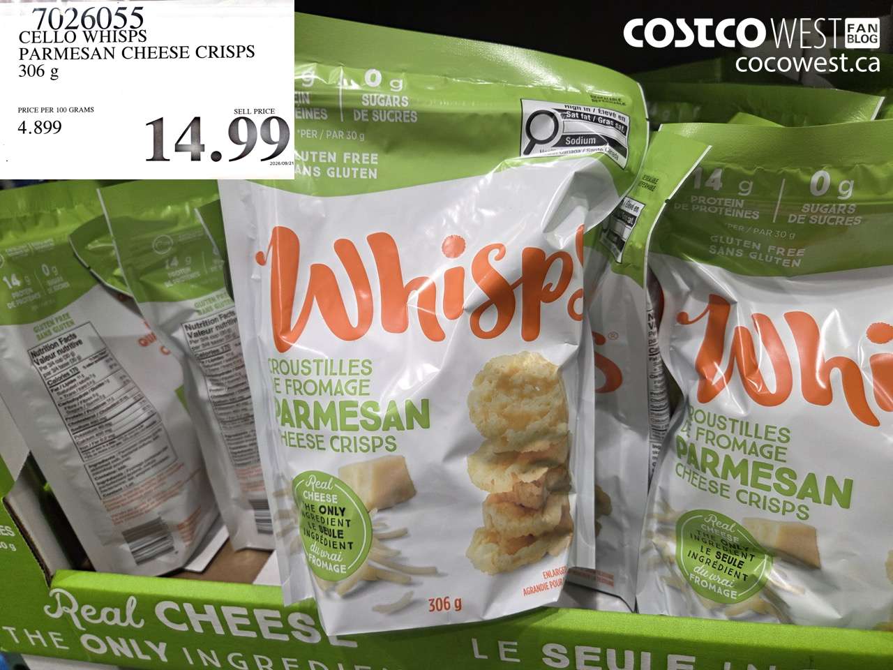 7026055 CELLO WHISPS PARMESAN CHEESE CRISPS 306 G $14.99