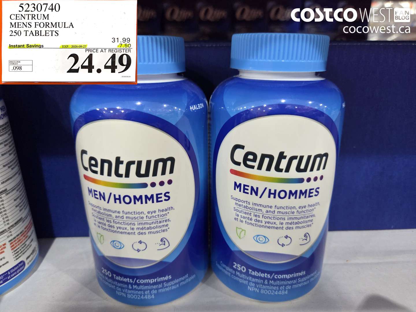 5230740 CENTRUM MENS FORMULA 250 TABLETS ($7.50 INSTANT SAVINGS EXPIRES ON 2026-09-27) $24.49