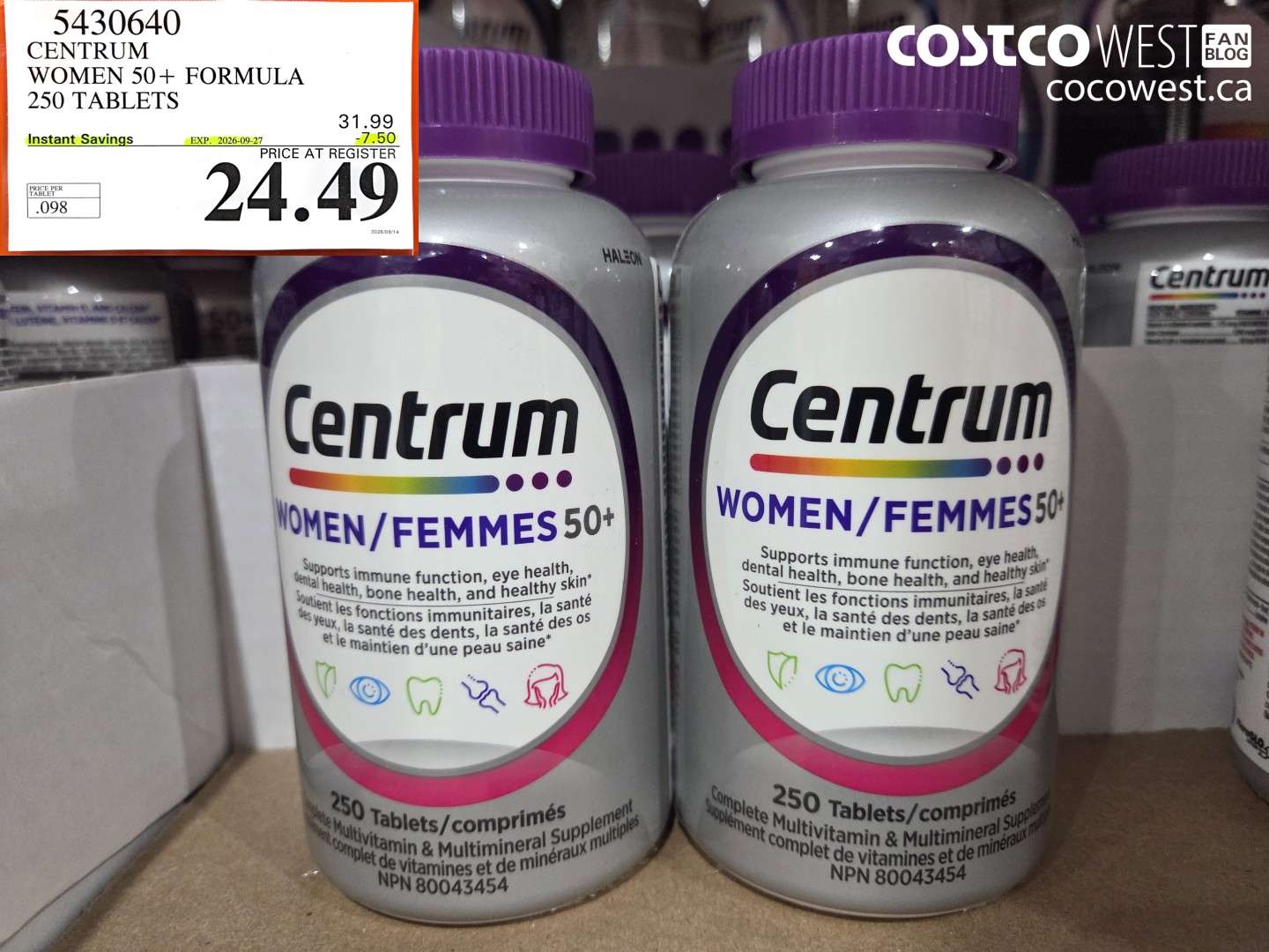 5430640 CENTRUM WOMEN 50+ FORMULA 250 TABLETS ($7.50 INSTANT SAVINGS EXPIRES ON 2026-09-27) $24.49