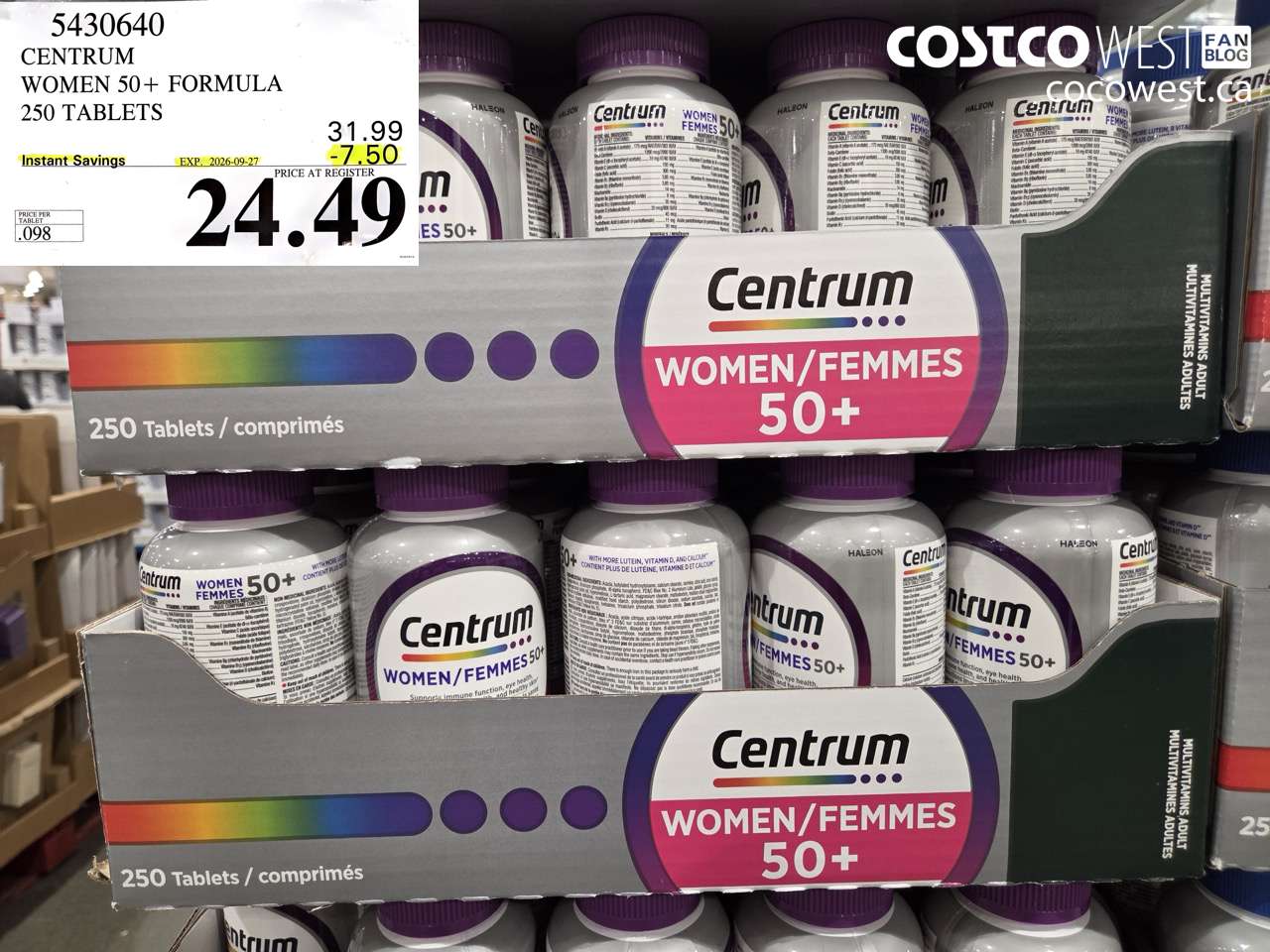 5430640 CENTRUM WOMEN 50+ FORMULA 250 TABLETS ($7.50 INSTANT SAVINGS EXPIRES ON 2026-09-27) $24.49