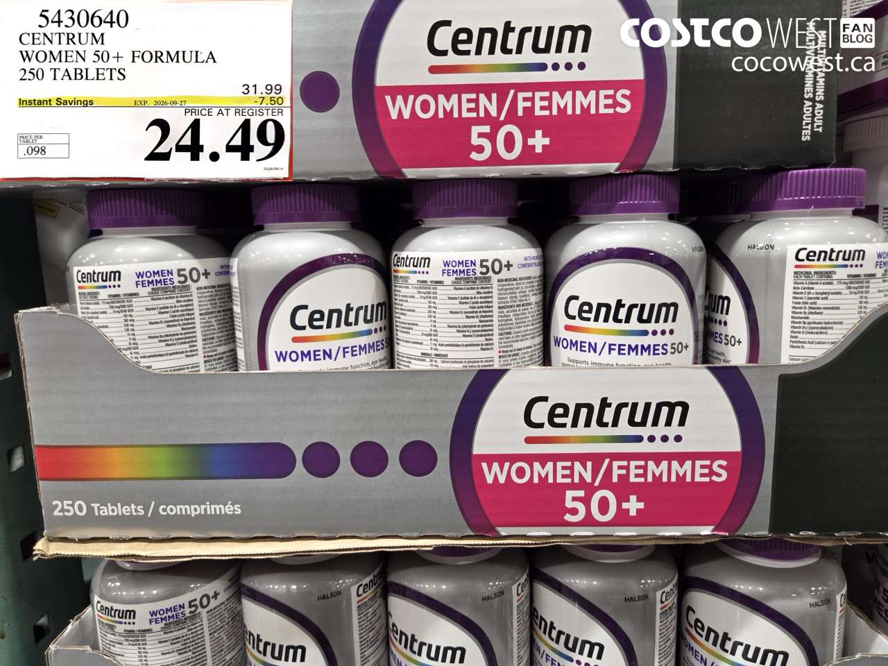5430640 CENTRUM WOMEN 50+ FORMULA 250 TABLETS ($7.50 INSTANT SAVINGS EXPIRES ON 2026-09-27) $24.49