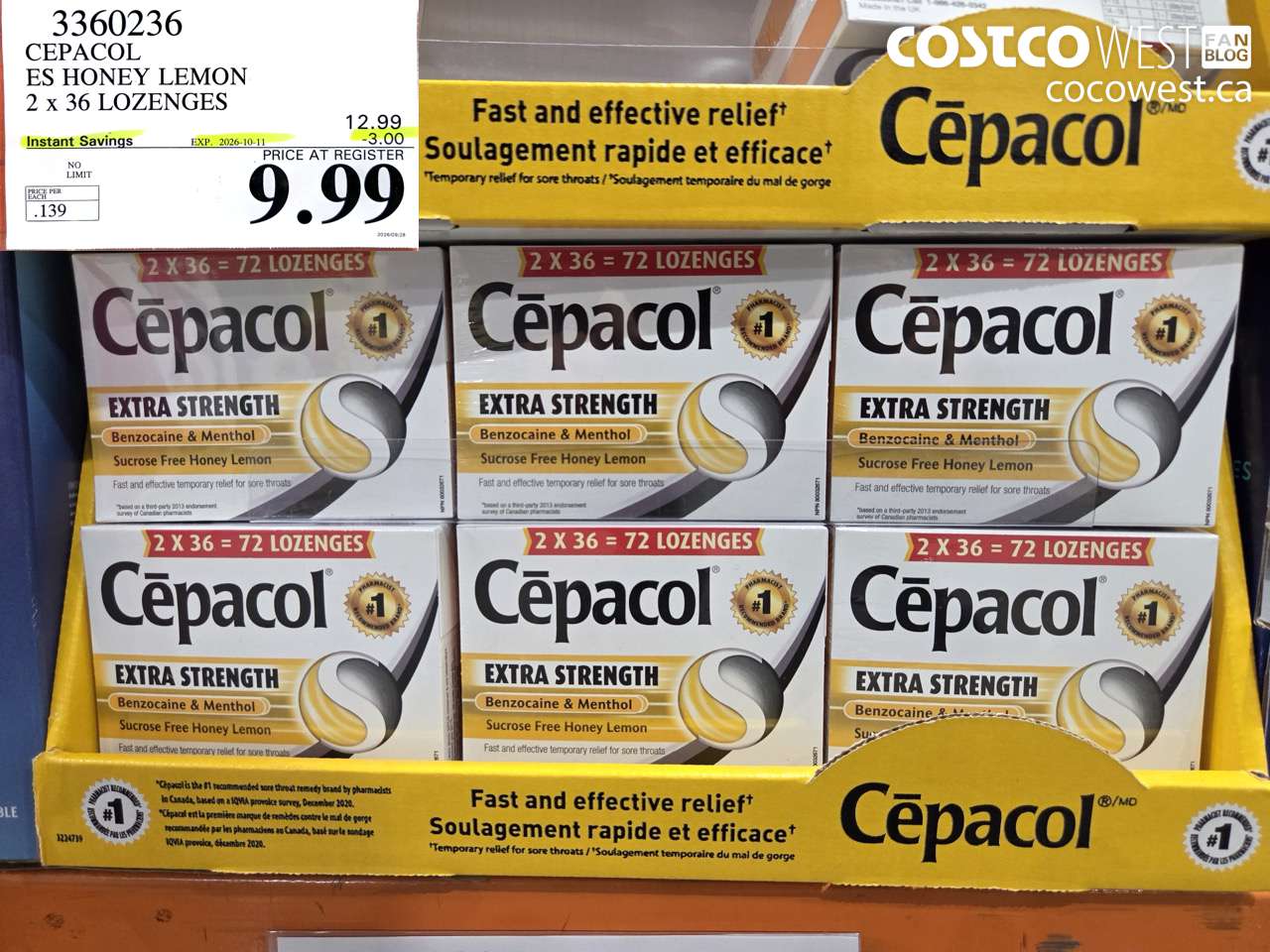 3360236 CEPACOL ES HONEY LEMON 2 X 36 LOZENGES ($3.00 INSTANT SAVINGS EXPIRES ON 2026-10-11) $9.99