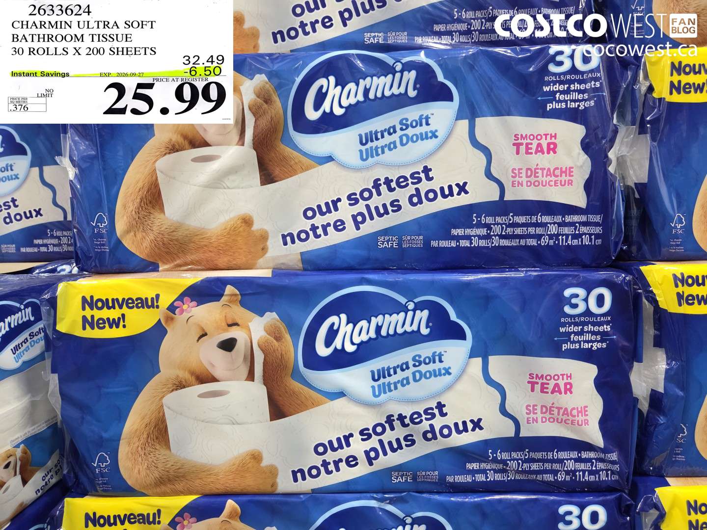 2633624 CHARMIN ULTRA SOFT BATHROOM TISSUE 30 ROLLS X 200 SHEETS ($6.50 INSTANT SAVINGS EXPIRES ON 2026-09-27) $25.99