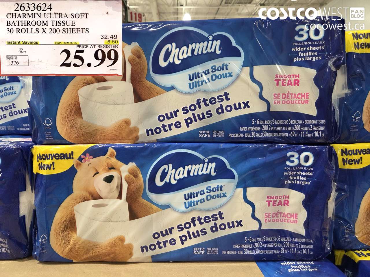 2633624 CHARMIN ULTRA SOFT BATHROOM TISSUE 30 ROLLS X 200 SHEETS ($6.50 INSTANT SAVINGS EXPIRES ON 2026-09-27) $25.99