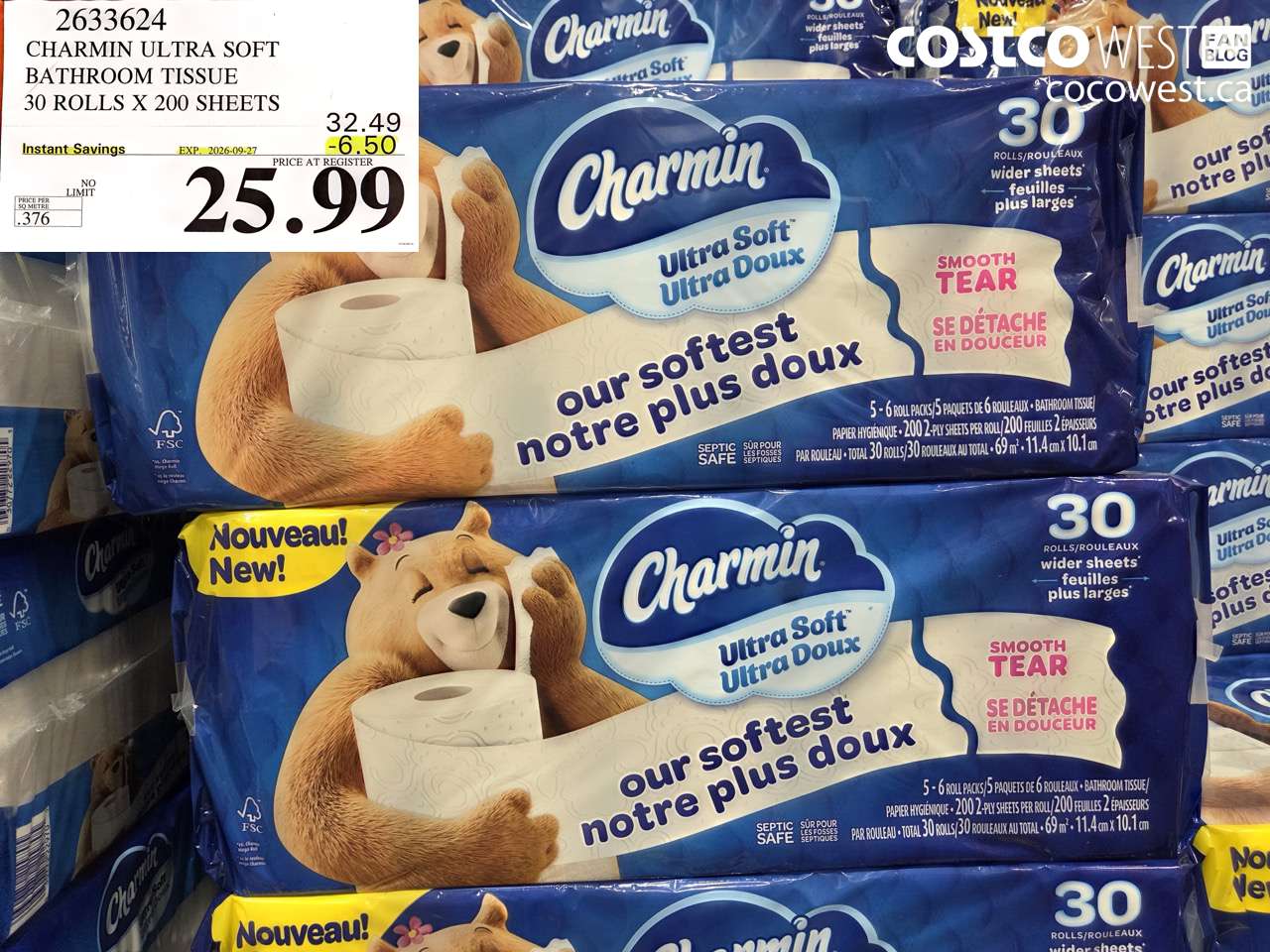 2633624 CHARMIN ULTRA SOFT BATHROOM TISSUE 30 ROLLS X 200 SHEETS ($6.50 INSTANT SAVINGS EXPIRES ON 2026-09-27) $25.99