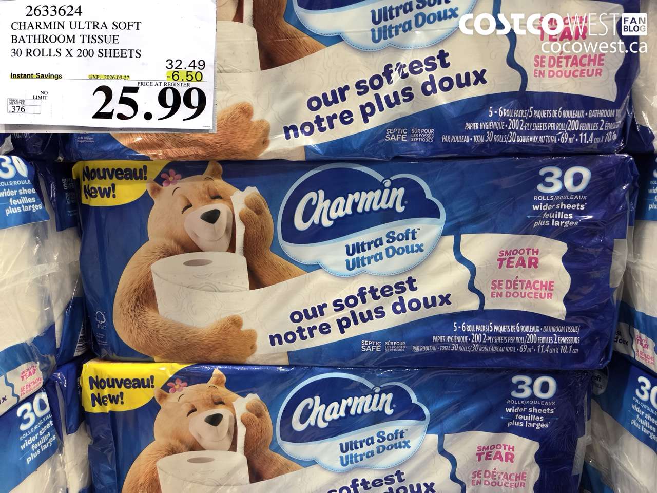 2633624 CHARMIN ULTRA SOFT BATHROOM TISSUE 30 ROLLS X 200 SHEETS ($6.50 INSTANT SAVINGS EXPIRES ON 2026-09-27) $25.99