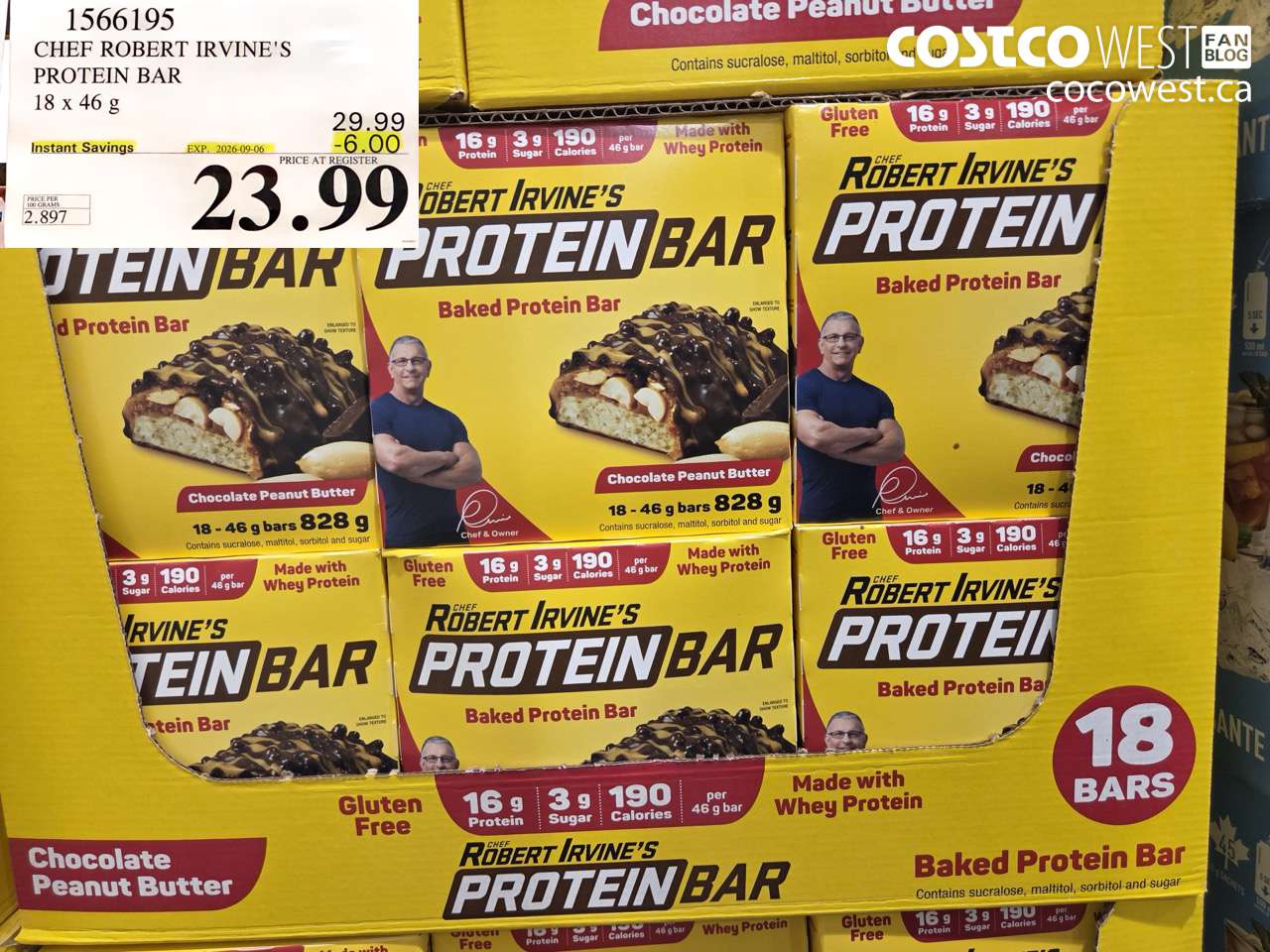 1566195 CHEF ROBERT IRVINE'S PROTEIN BAR 18 X 46 G ($6.00 INSTANT SAVINGS EXPIRES ON 2026-09-06) $23.99