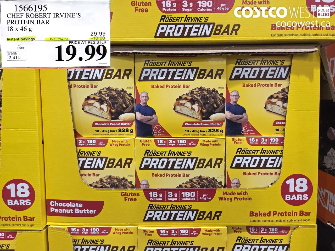 1566195 CHEF ROBERT IRVINE'S PROTEIN BAR 18 X 46 G ($10.00 INSTANT SAVINGS EXPIRES ON 2026-10-11) $19.99
