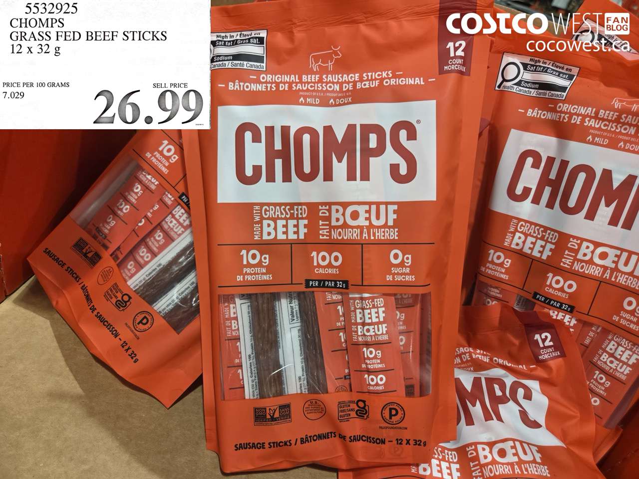 5532925 CHOMPS GRASS FED BEEF STICKS 12 X 32 G $26.99