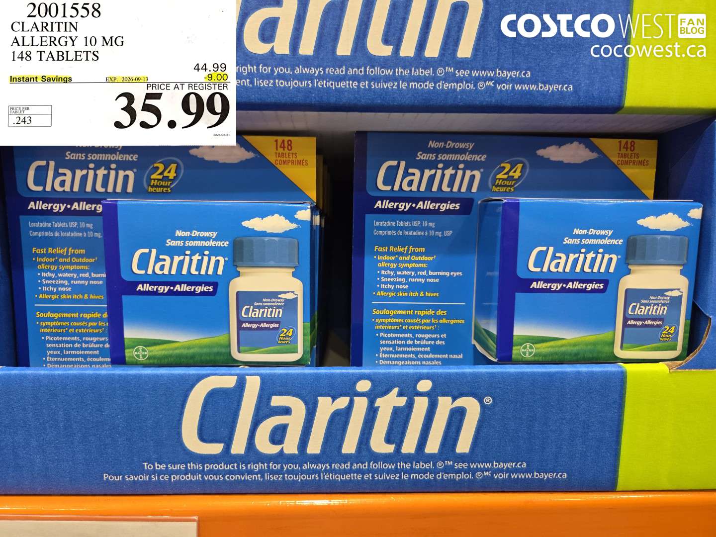 2001558 CLARITIN ALLERGY 10 MG 148 TABLETS ($9.00 INSTANT SAVINGS EXPIRES ON 2026-09-13) $35.99