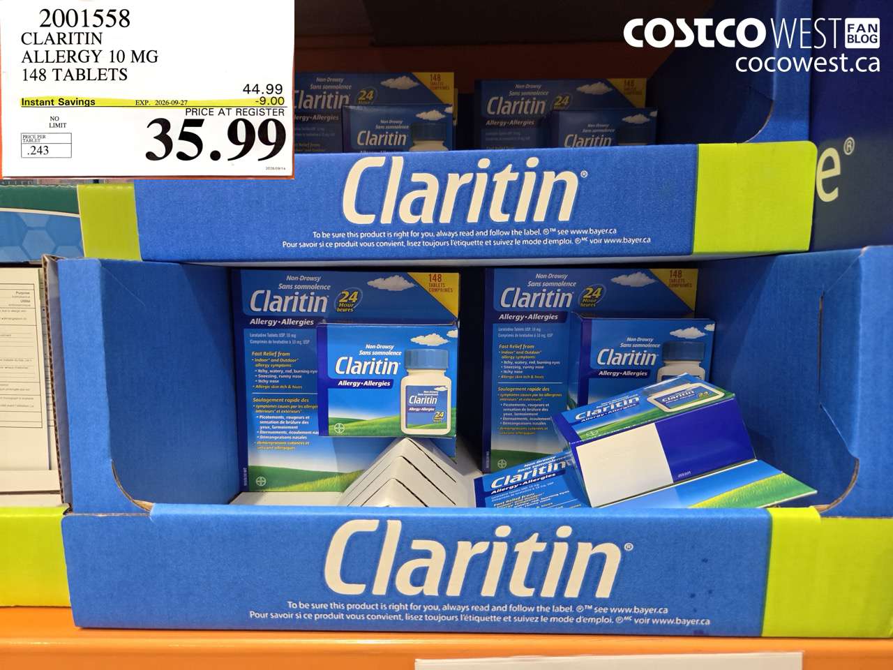 2001558 CLARITIN ALLERGY 10 MG 148 TABLETS ($9.00 INSTANT SAVINGS EXPIRES ON 2026-09-27) $35.99
