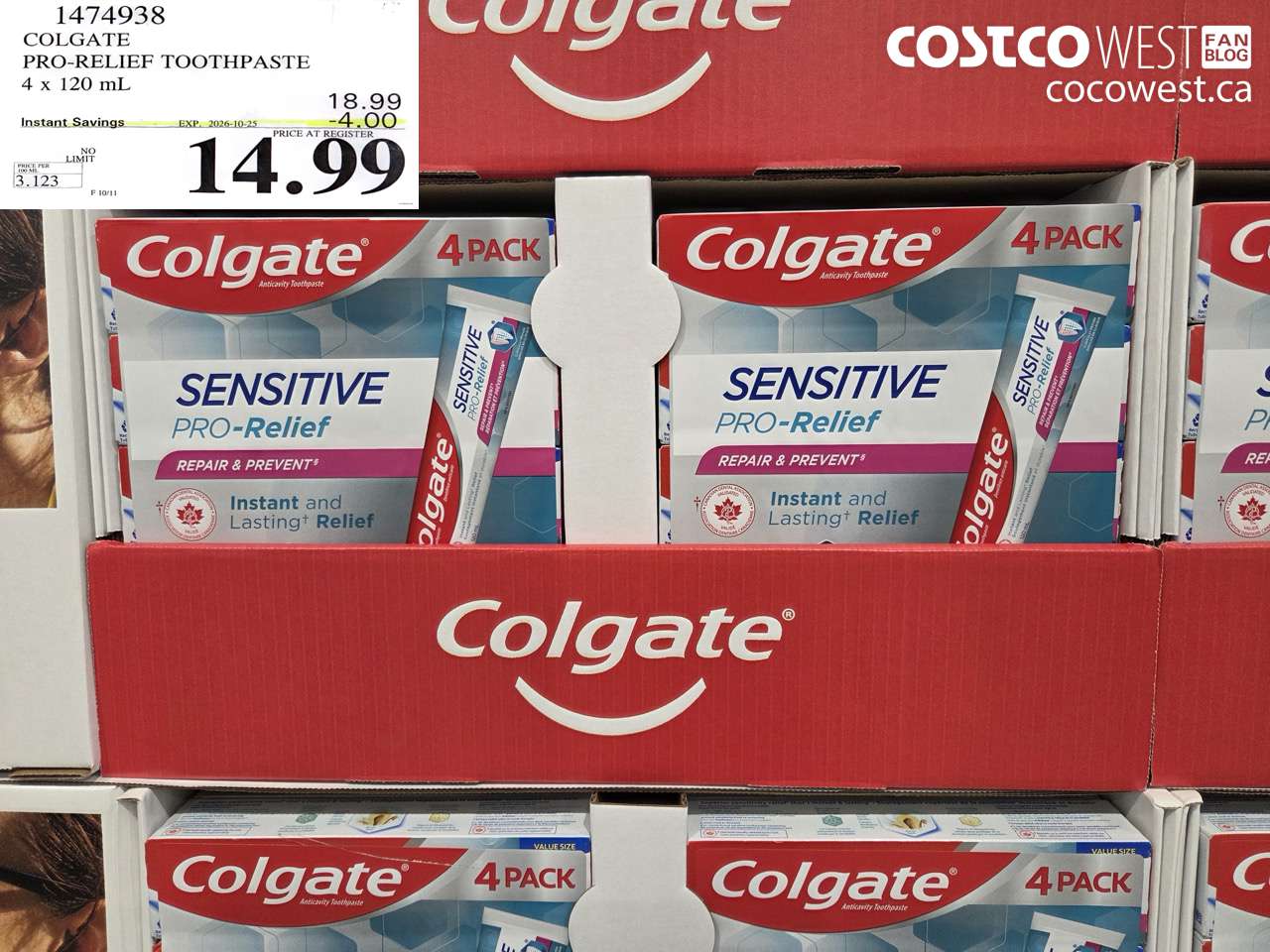 1474938 COLGATE PRO-RELIEF TOOTHPASTE 4 X 120 ML ($4.00 INSTANT SAVINGS EXPIRES ON 2026-10-25) $14.99