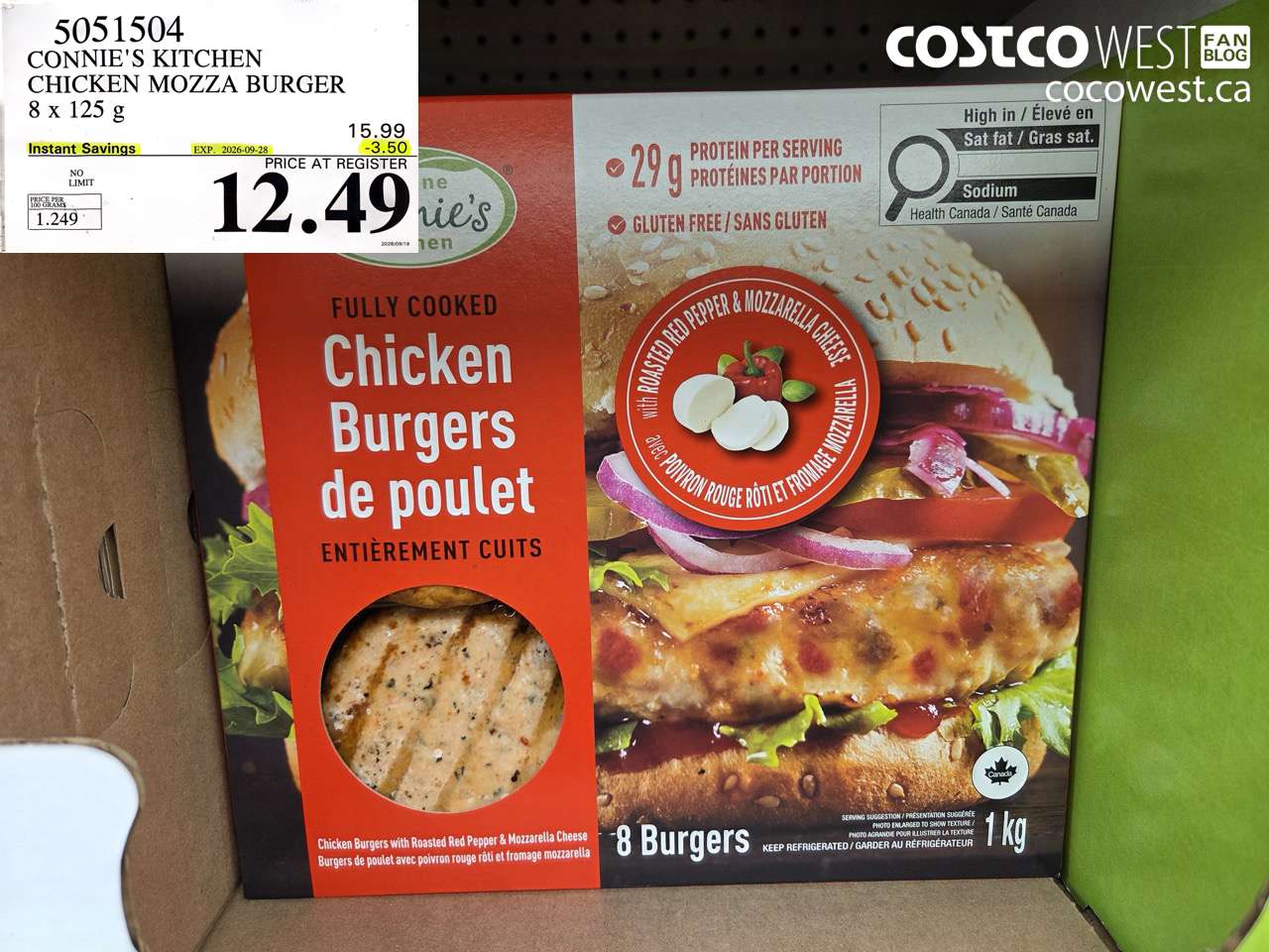5051504 CONNIE'S KITCHEN CHICKEN MOZZA BURGER 8 X 125 G ($3.50 INSTANT SAVINGS EXPIRES ON 2026-09-28) $12.49