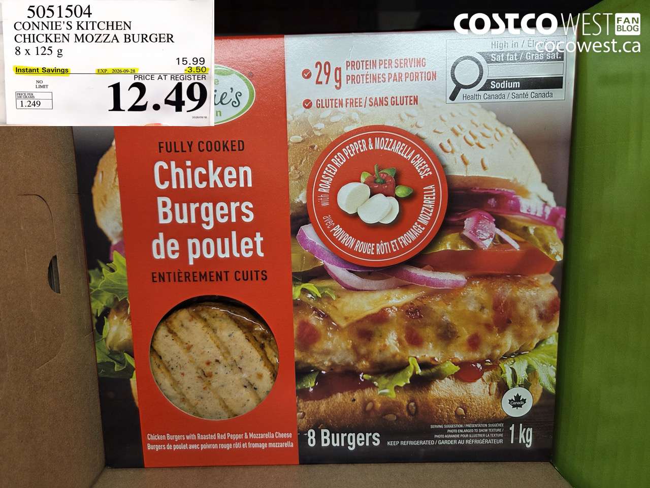 5051504 CONNIE'S KITCHEN CHICKEN MOZZA BURGER 8 X 125 G ($3.50 INSTANT SAVINGS EXPIRES ON 2026-09-28) $12.49