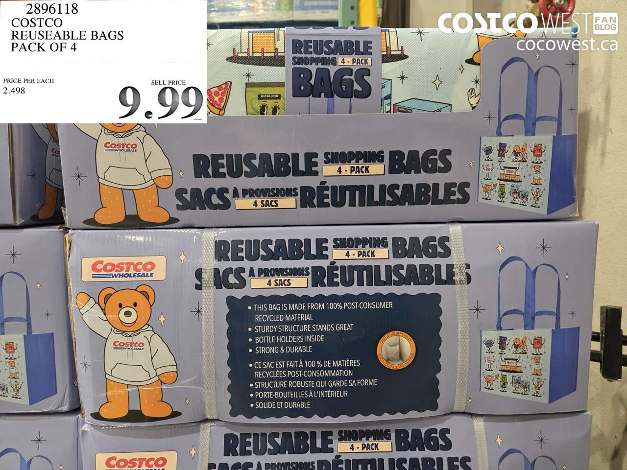 2896118 COSTCO REUSEABLE BAGS PACK OF 4 $9.99