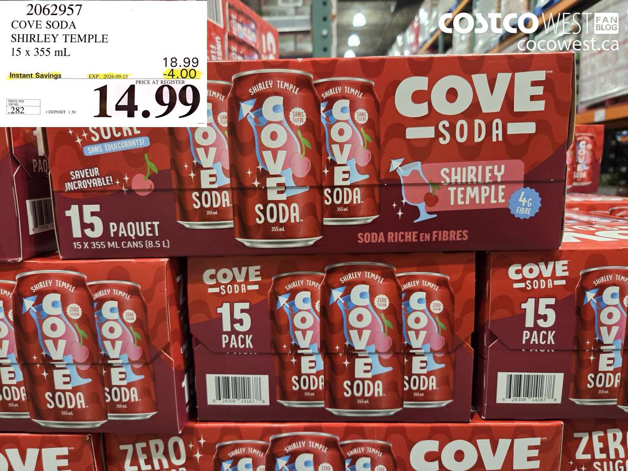 2062957 COVE SODA SHIRLEY TEMPLE 15 X 355 ML ($4.00 INSTANT SAVINGS EXPIRES ON 2026-09-13) $14.99