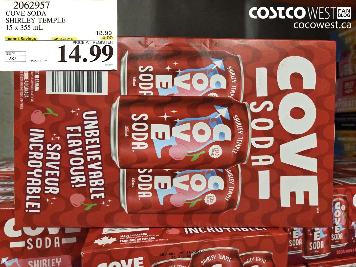 2062957 COVE SODA SHIRLEY TEMPLE 15 X 355 ML ($4.00 INSTANT SAVINGS EXPIRES ON 2026-09-13) $14.99