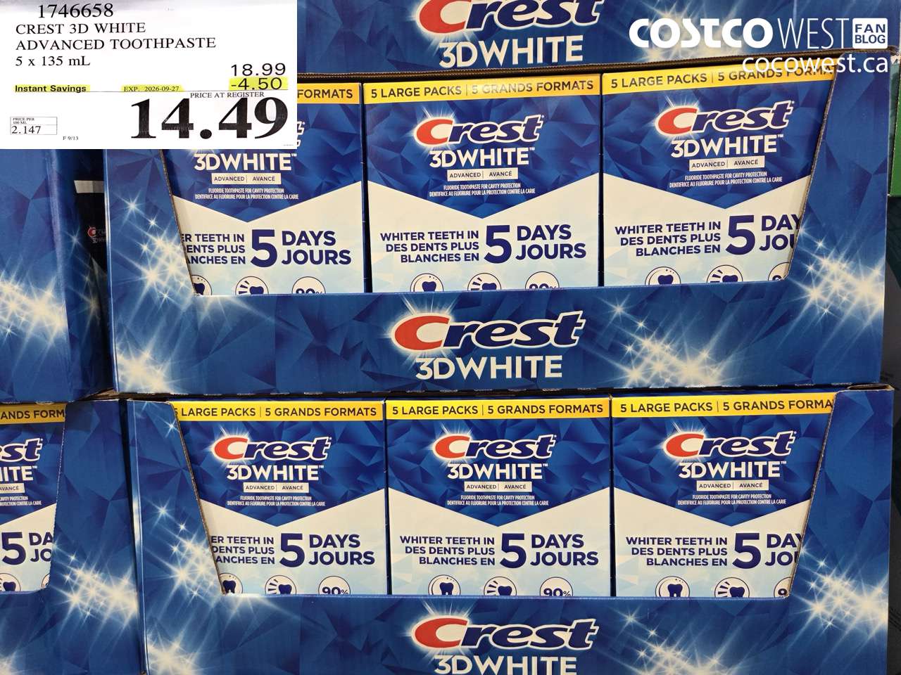 1746658 CREST 3D WHITE ADVANCED TOOTHPASTE 5 X 135 ML ($4.50 INSTANT SAVINGS EXPIRES ON 2026-09-27) $14.49