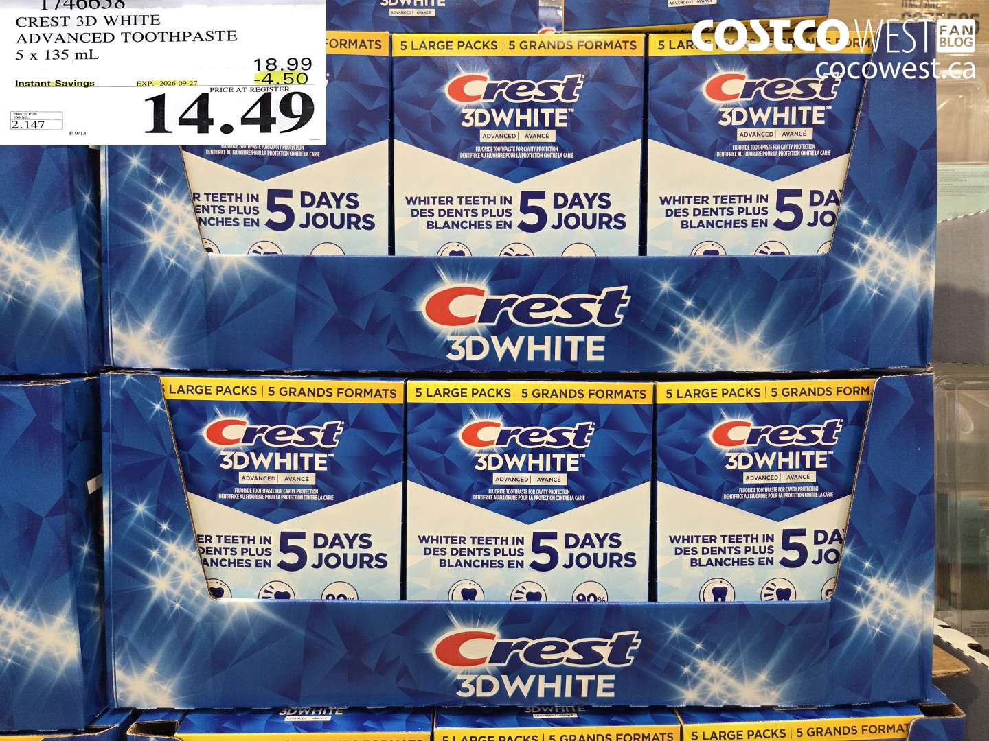 1746638 CREST 3D WHITE ADVANCED TOOTHPASTE 5 X 135 ML ($4.50 INSTANT SAVINGS EXPIRES ON 2026-09-27) $14.49