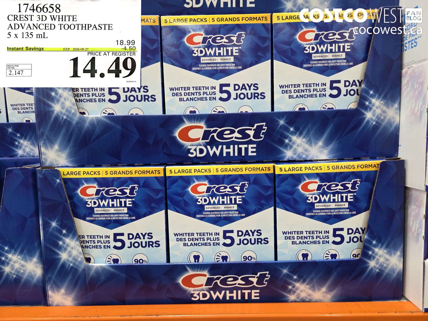 1746658 CREST 3D WHITE ADVANCED TOOTHPASTE 5 X 135 ML ($4.50 INSTANT SAVINGS EXPIRES ON 2026-09-27) $14.49