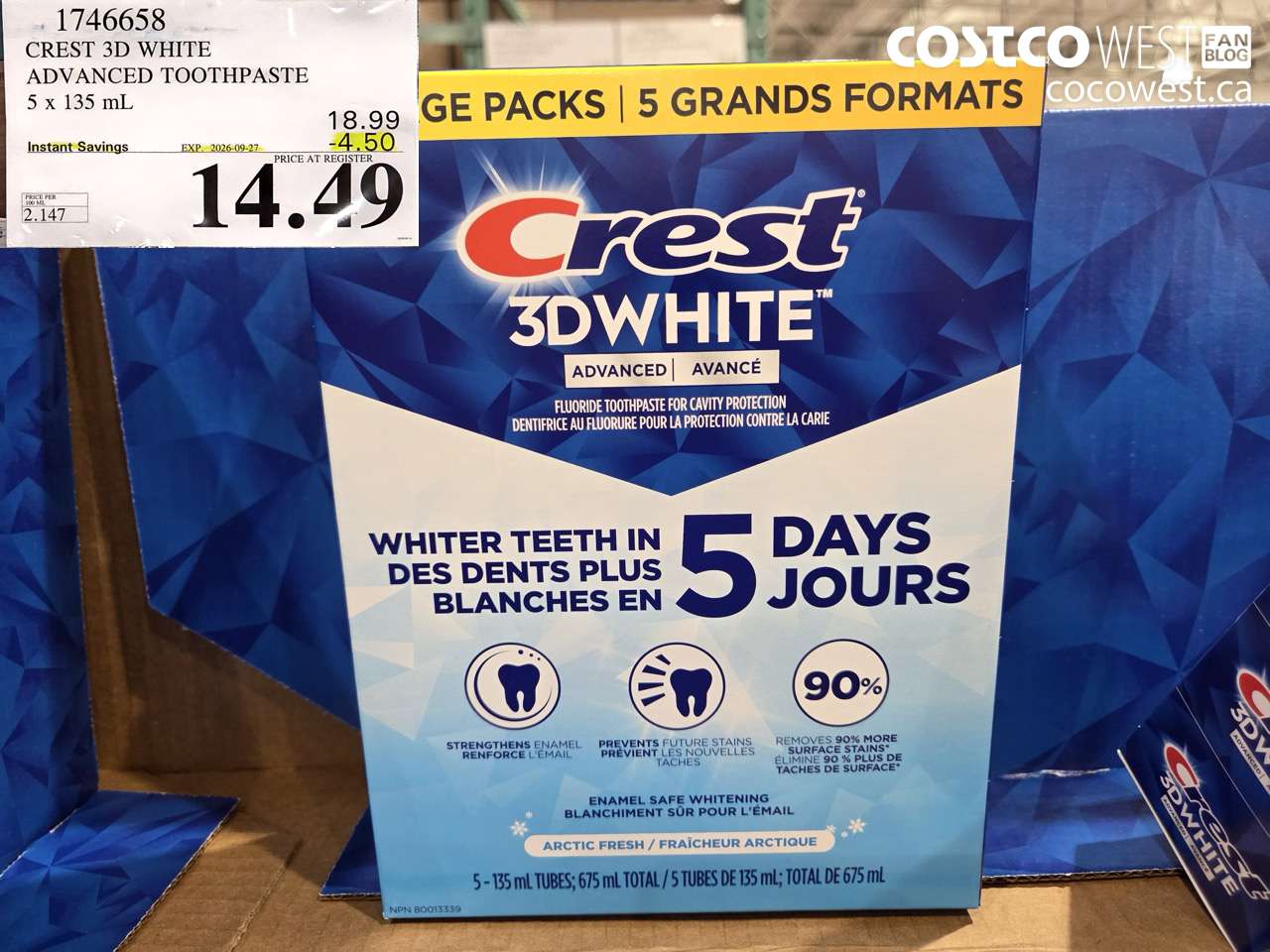 1746658 CREST 3D WHITE ADVANCED TOOTHPASTE 5 X 135 ML ($4.50 INSTANT SAVINGS EXPIRES ON 2026-09-27) $14.49