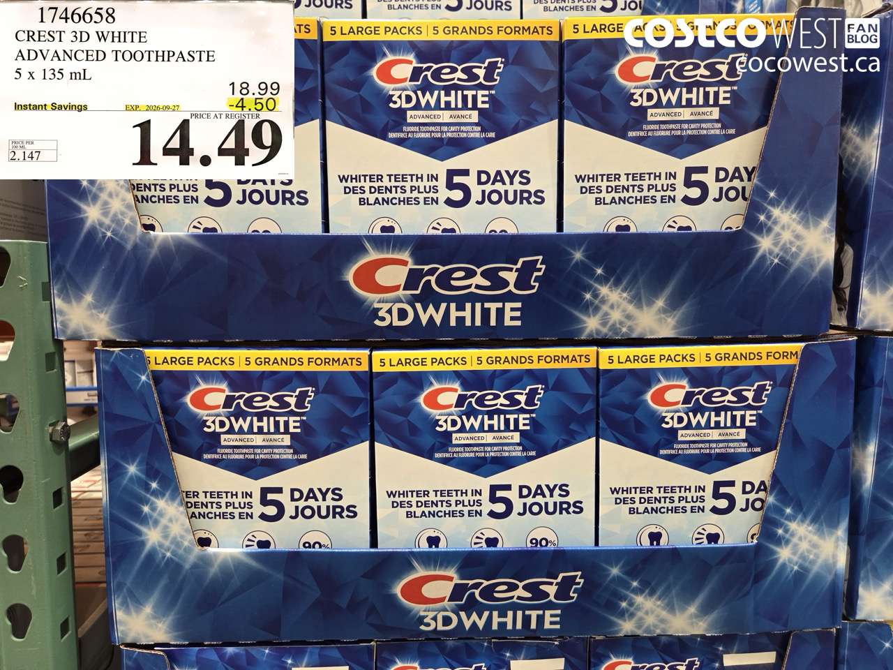 1746658 CREST 3D WHITE ADVANCED TOOTHPASTE 5 X 135 ML ($4.50 INSTANT SAVINGS EXPIRES ON 2026-09-27) $14.49