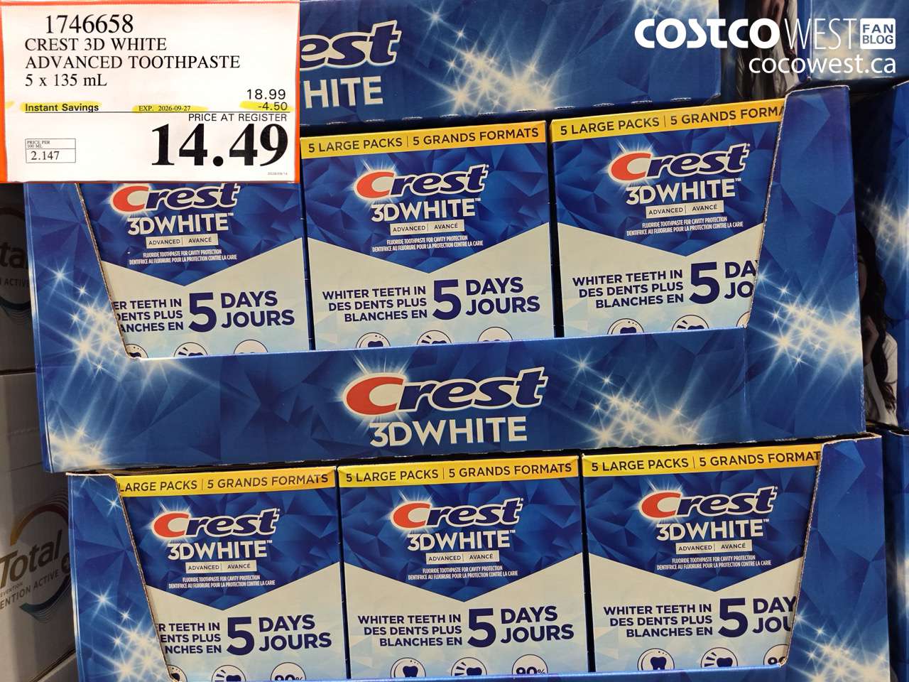 1746658 CREST 3D WHITE ADVANCED TOOTHPASTE 5 X 135 ML ($4.50 INSTANT SAVINGS EXPIRES ON 2026-09-27) $14.49