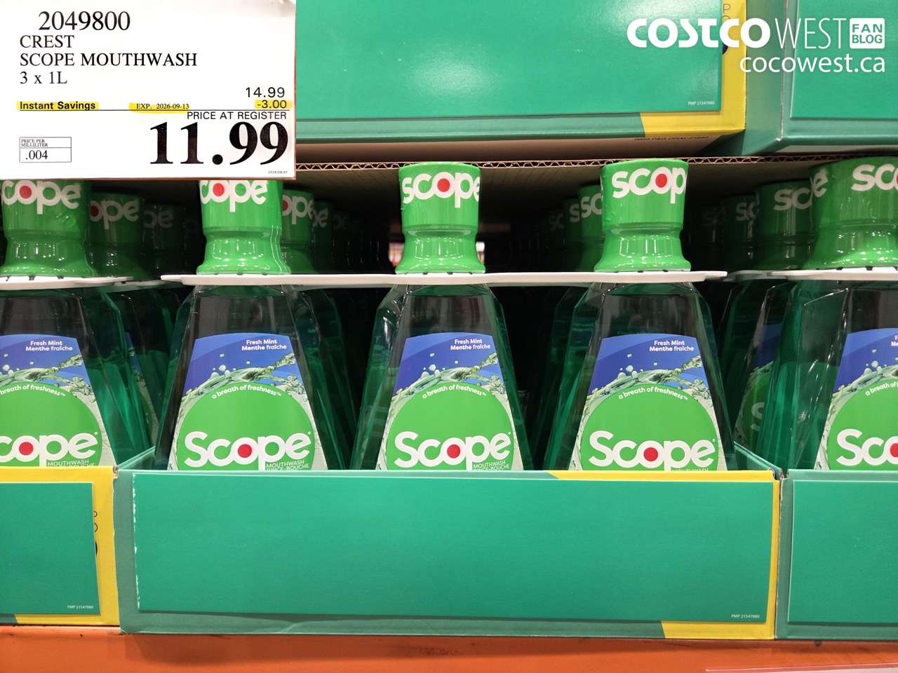 2049800 CREST SCOPE MOUTHWASH 3 X 1L ($3.00 INSTANT SAVINGS EXPIRES ON 2026-09-13) $11.99
