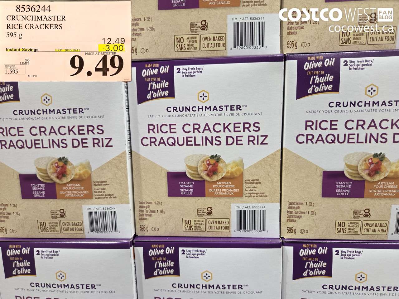 8536244 CRUNCHMASTER RICE CRACKERS 595 G ($3.00 INSTANT SAVINGS EXPIRES ON 2026-10-11) $9.49