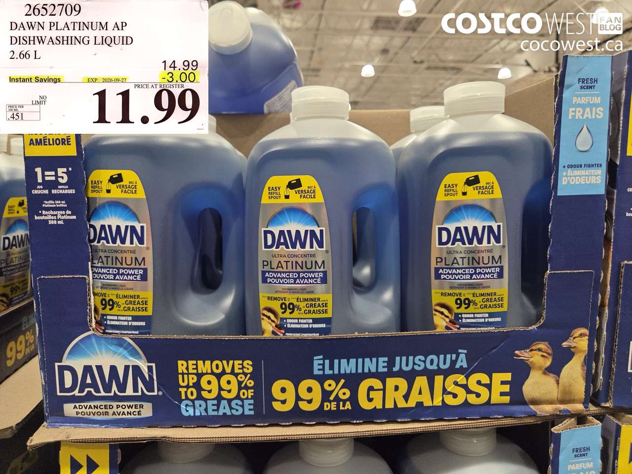 2652709 DAWN PLATINUM AP DISHWASHING LIQUID 2.66 L ($3.00 INSTANT SAVINGS EXPIRES ON 2026-09-27) $11.99