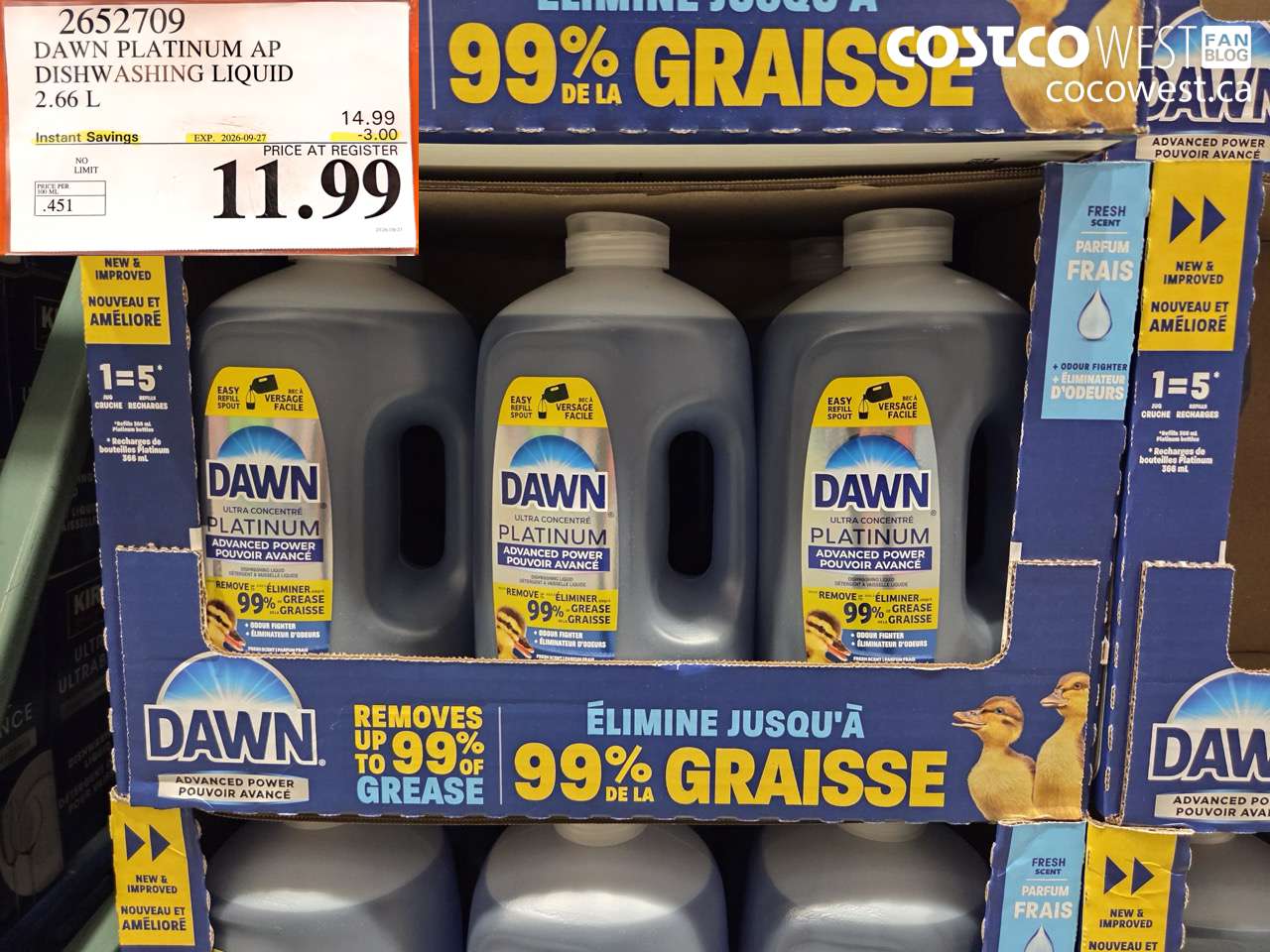 2652709 DAWN PLATINUM AP DISHWASHING LIQUID 2.66 L ($3.00 INSTANT SAVINGS EXPIRES ON 2026-09-27) $11.99
