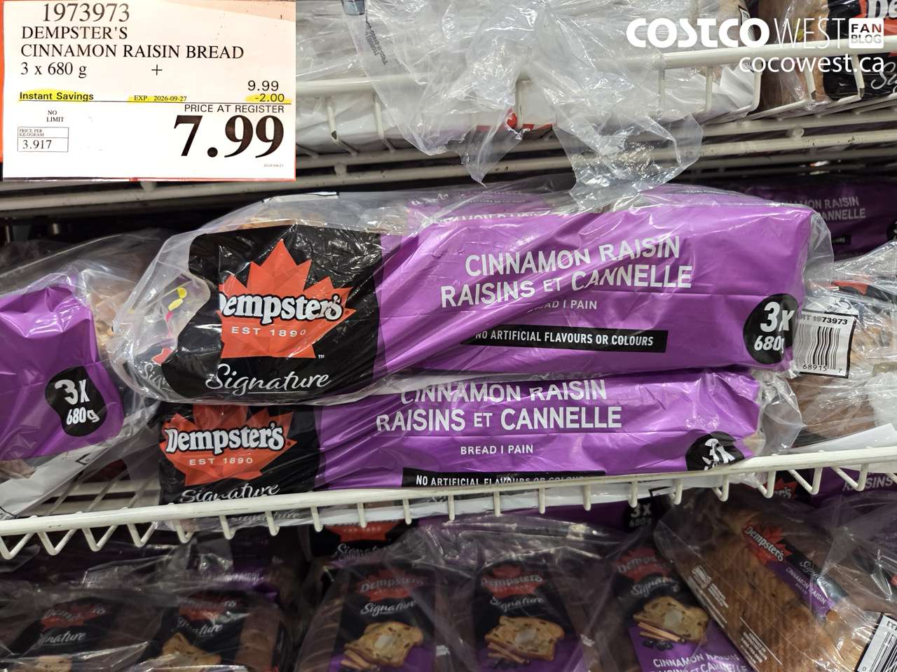 1973973 DEMPSTER'S CINNAMON RAISIN BREAD 3 X 680 G ($2.00 INSTANT SAVINGS EXPIRES ON 2026-09-27) $7.99