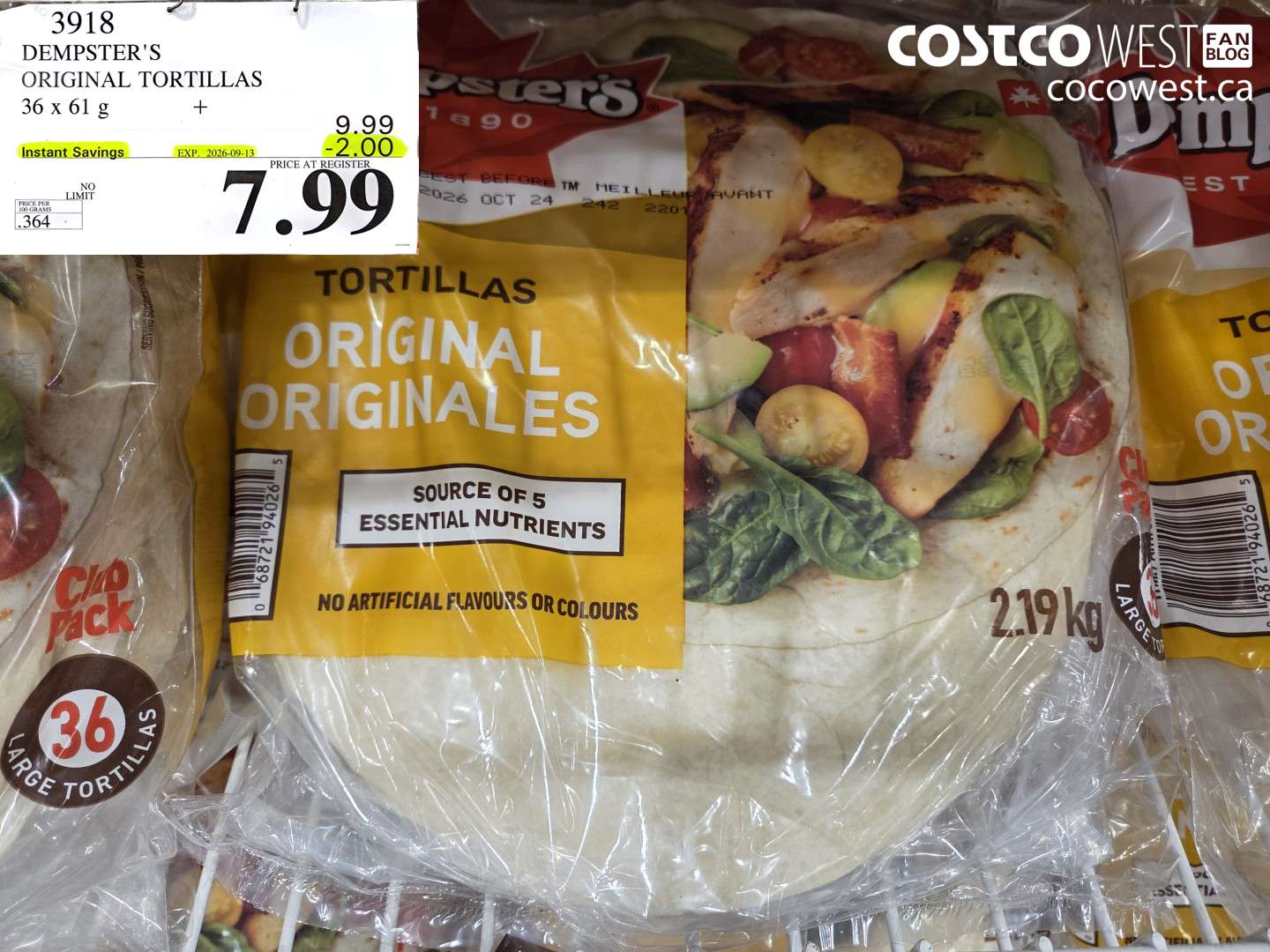 3918 DEMPSTER'S ORIGINAL TORTILLAS 36 X 61 G ($2.00 INSTANT SAVINGS EXPIRES ON 2026-09-13) $7.99