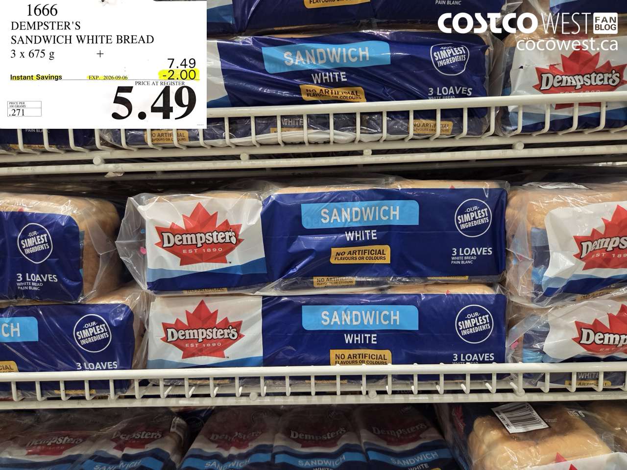 1666 DEMPSTER'S SANDWICH WHITE BREAD 3 X 675 G ($2.00 INSTANT SAVINGS EXPIRES ON 2026-09-06) $5.49