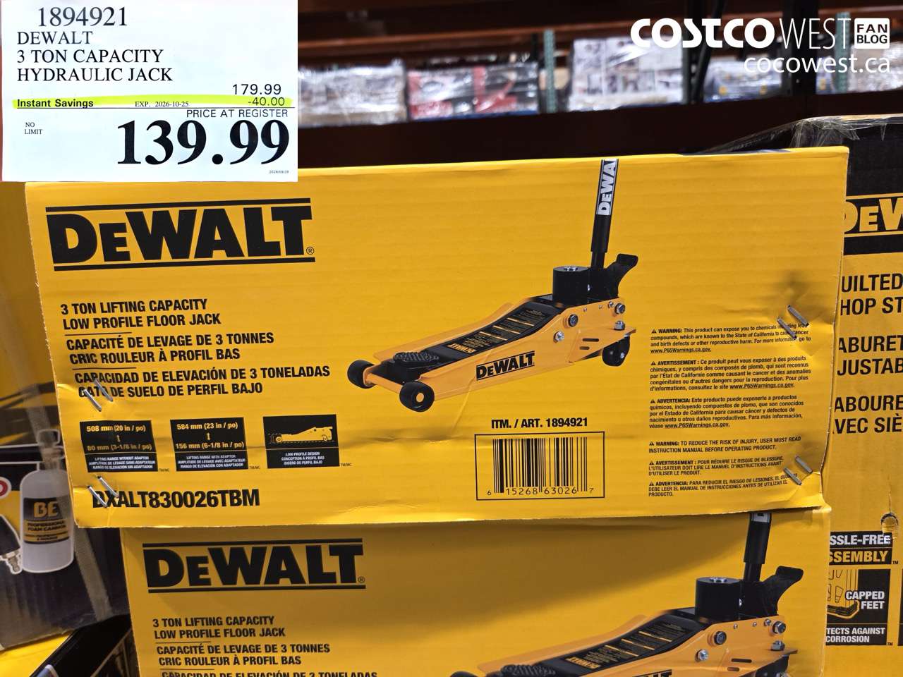 1894921 DEWALT 3 TON CAPACITY HYDRAULIC JACK ($40.00 INSTANT SAVINGS EXPIRES ON 2026-10-25) $139.99