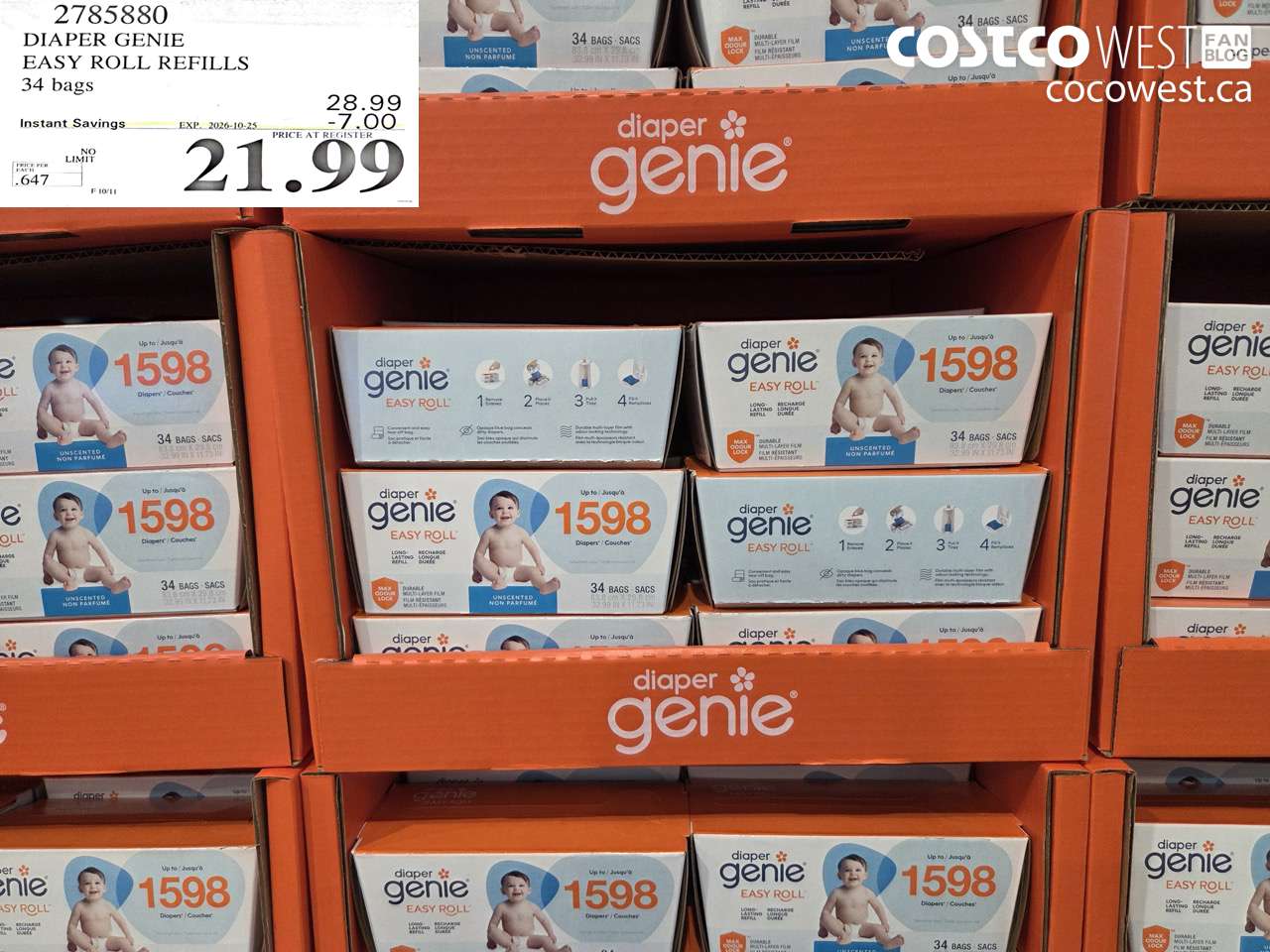 2785880 DIAPER GENIE EASY ROLL REFILLS 34 BAGS ($7.00 INSTANT SAVINGS EXPIRES ON 2026-10-25) $21.99