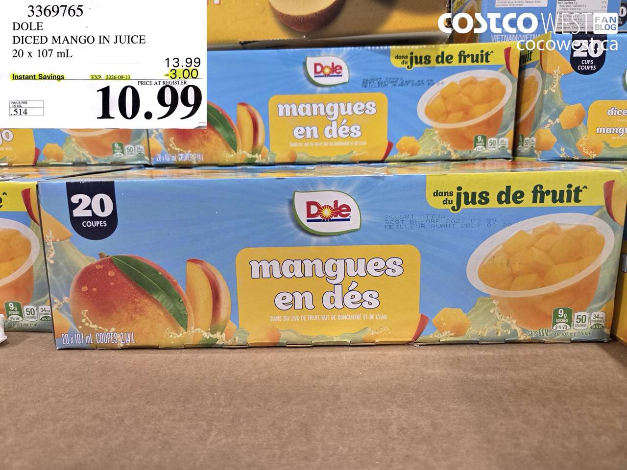 3369765 DOLE DICED MANGO IN JUICE 20 X 107 ML ($3.00 INSTANT SAVINGS EXPIRES ON 2026-09-13) $10.99