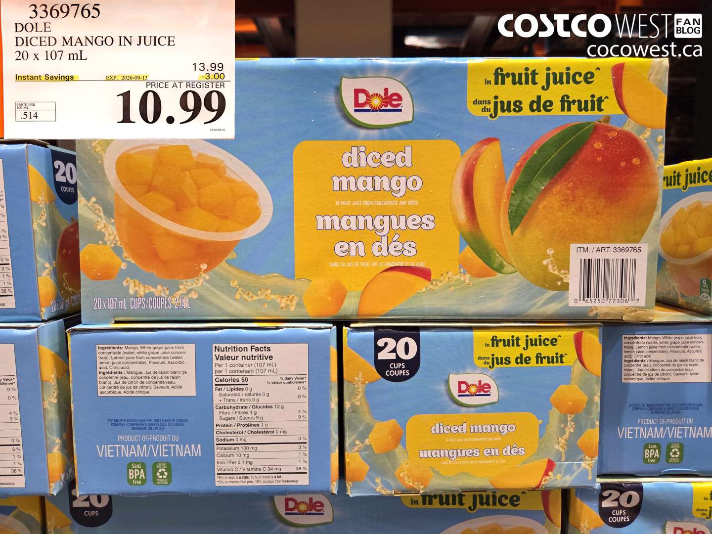 3369765 DOLE DICED MANGO IN JUICE 20 X 107 ML ($3.00 INSTANT SAVINGS EXPIRES ON 2026-09-13) $10.99