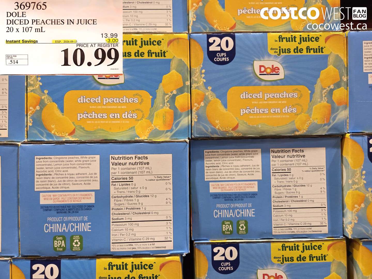 369765 DOLE DICED PEACHES IN JUICE 20 X 107 ML ($3.00 INSTANT SAVINGS EXPIRES ON 2026-09-13) $10.99