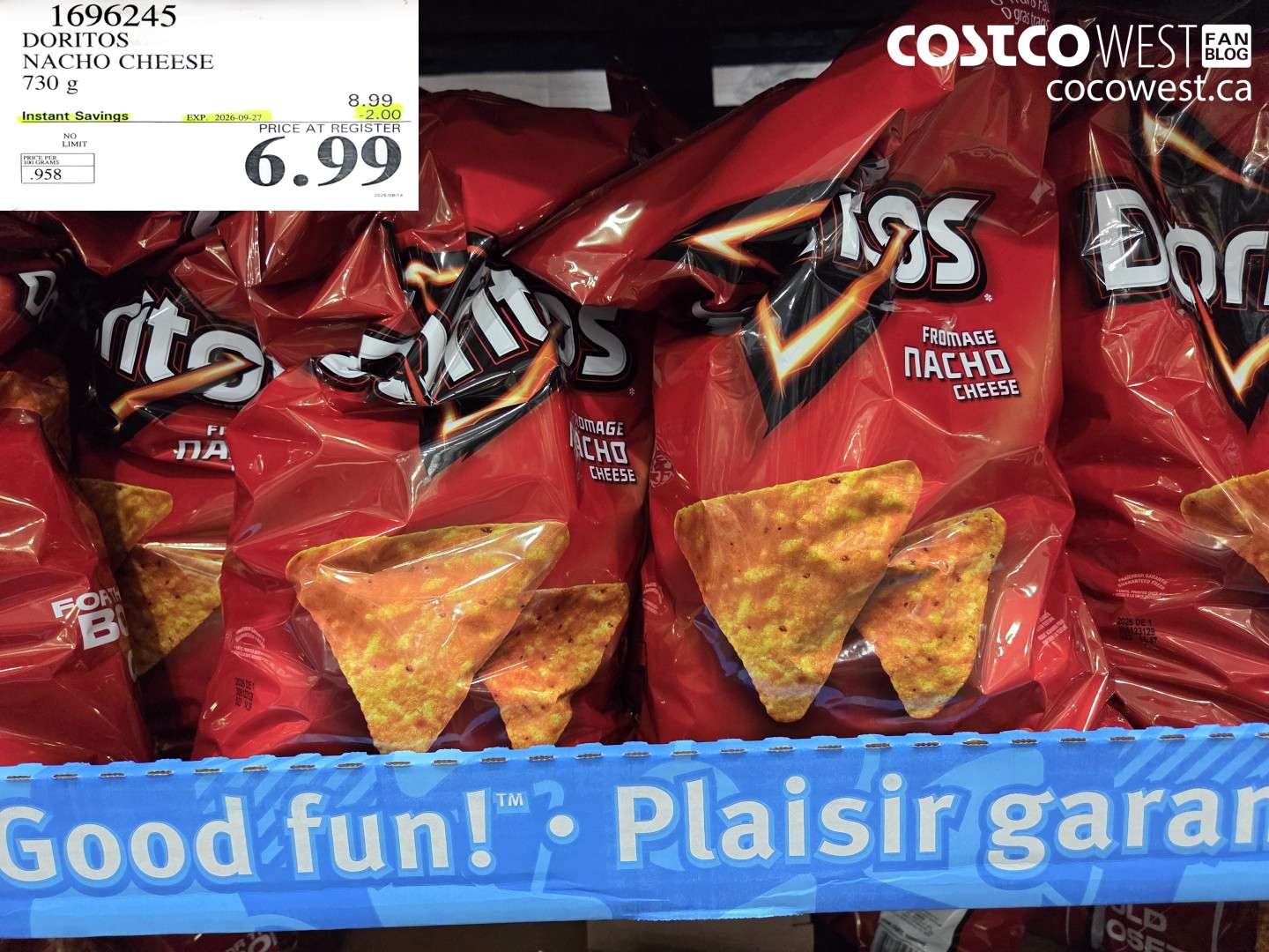 1696245 DORITOS NACHO CHEESE 730 G ($2.00 INSTANT SAVINGS EXPIRES ON 2026-09-27) $6.99
