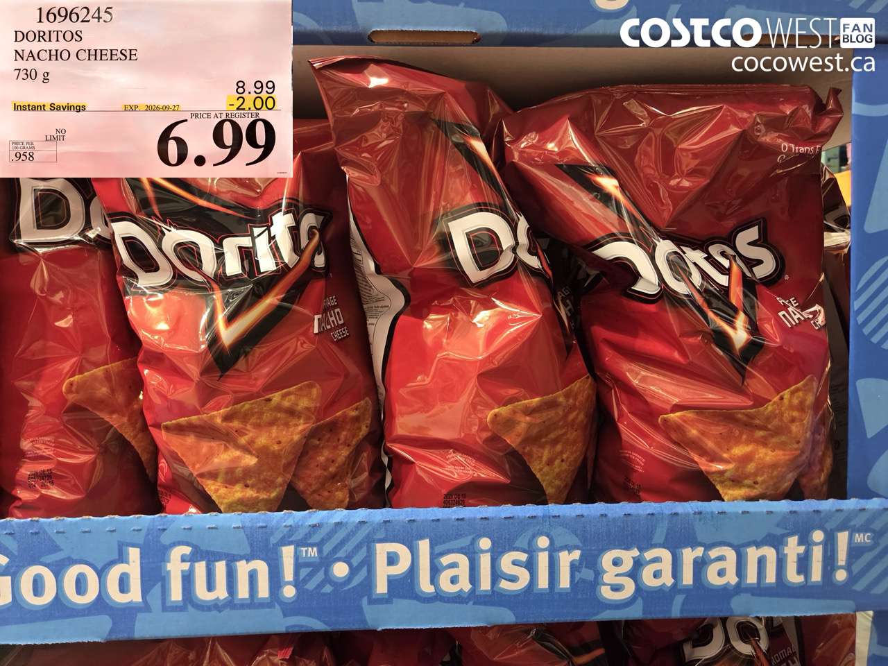 1696245 DORITOS NACHO CHEESE 730 G ($2.00 INSTANT SAVINGS EXPIRES ON 2026-09-27) $6.99