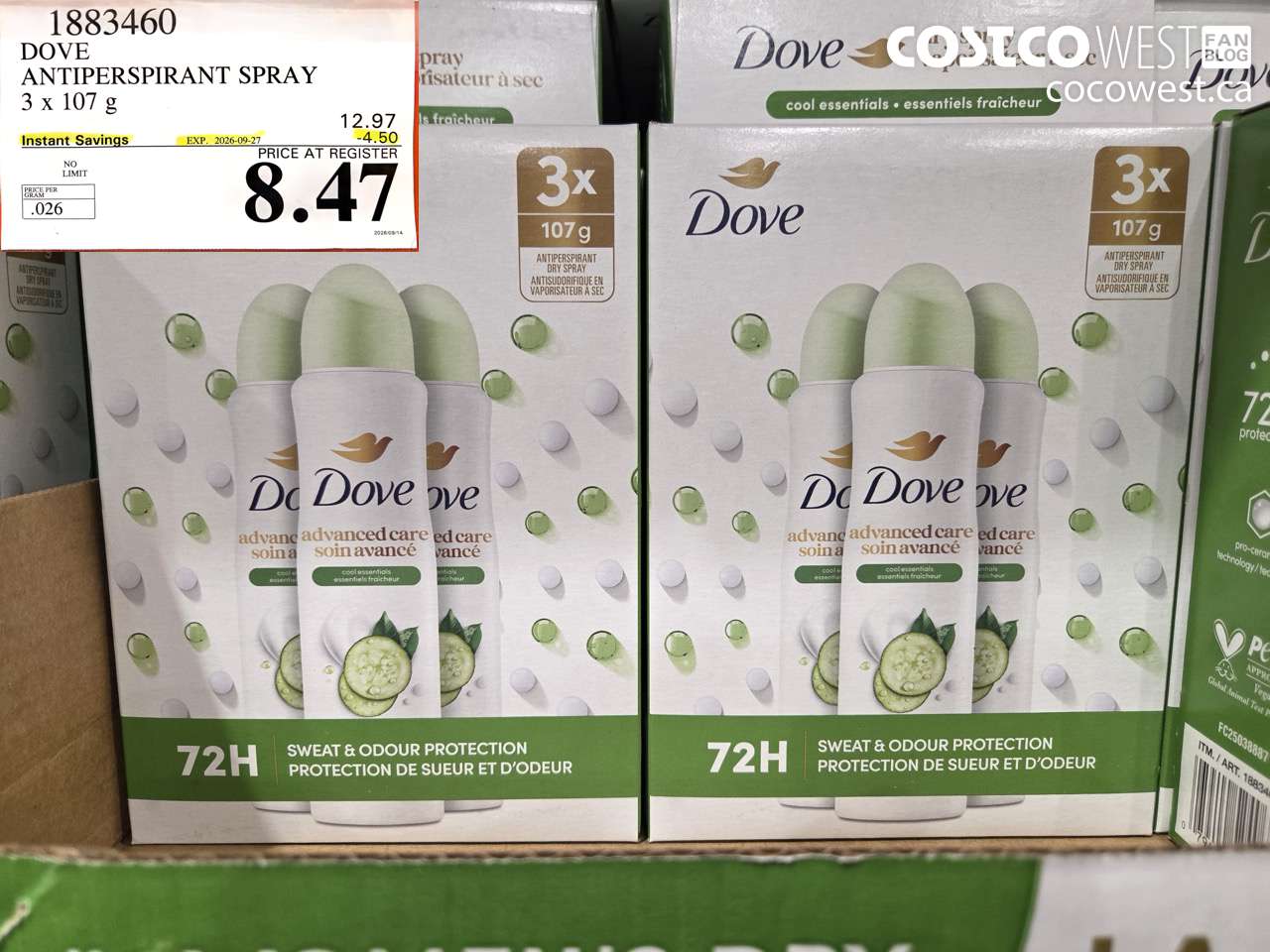 1883460 DOVE ANTIPERSPIRANT SPRAY 3 X 107 G ($4.50 INSTANT SAVINGS EXPIRES ON 2026-09-27) $8.47