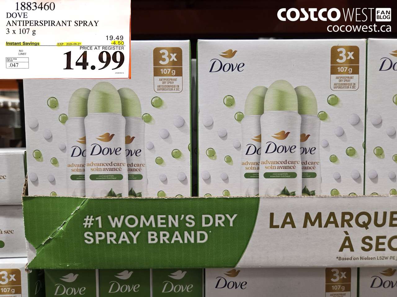 1883460 DOVE ANTIPERSPIRANT SPRAY 3 X 107 G ($4.50 INSTANT SAVINGS EXPIRES ON 2026-09-27) $14.99