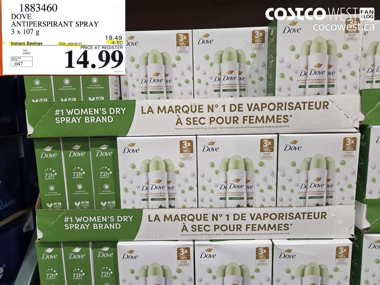 1883460 DOVE ANTIPERSPIRANT SPRAY 3 X 107 G ($4.50 INSTANT SAVINGS EXPIRES ON 2026-09-27) $14.99