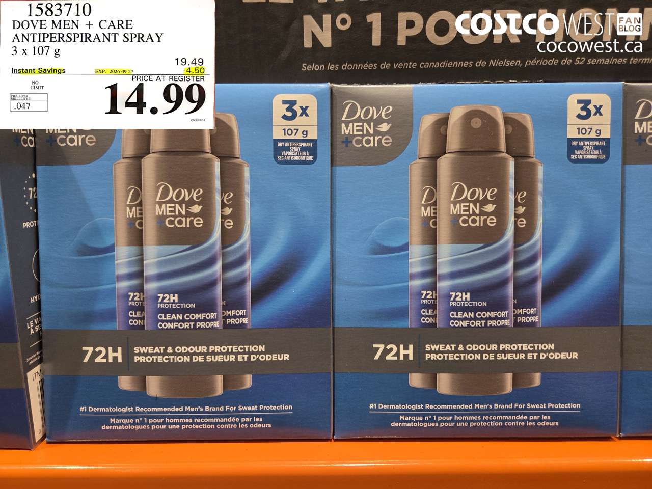 1583710 DOVE MEN + CARE ANTIPERSPIRANT SPRAY 3 X 107 G ($4.50 INSTANT SAVINGS EXPIRES ON 2026-09-27) $14.99