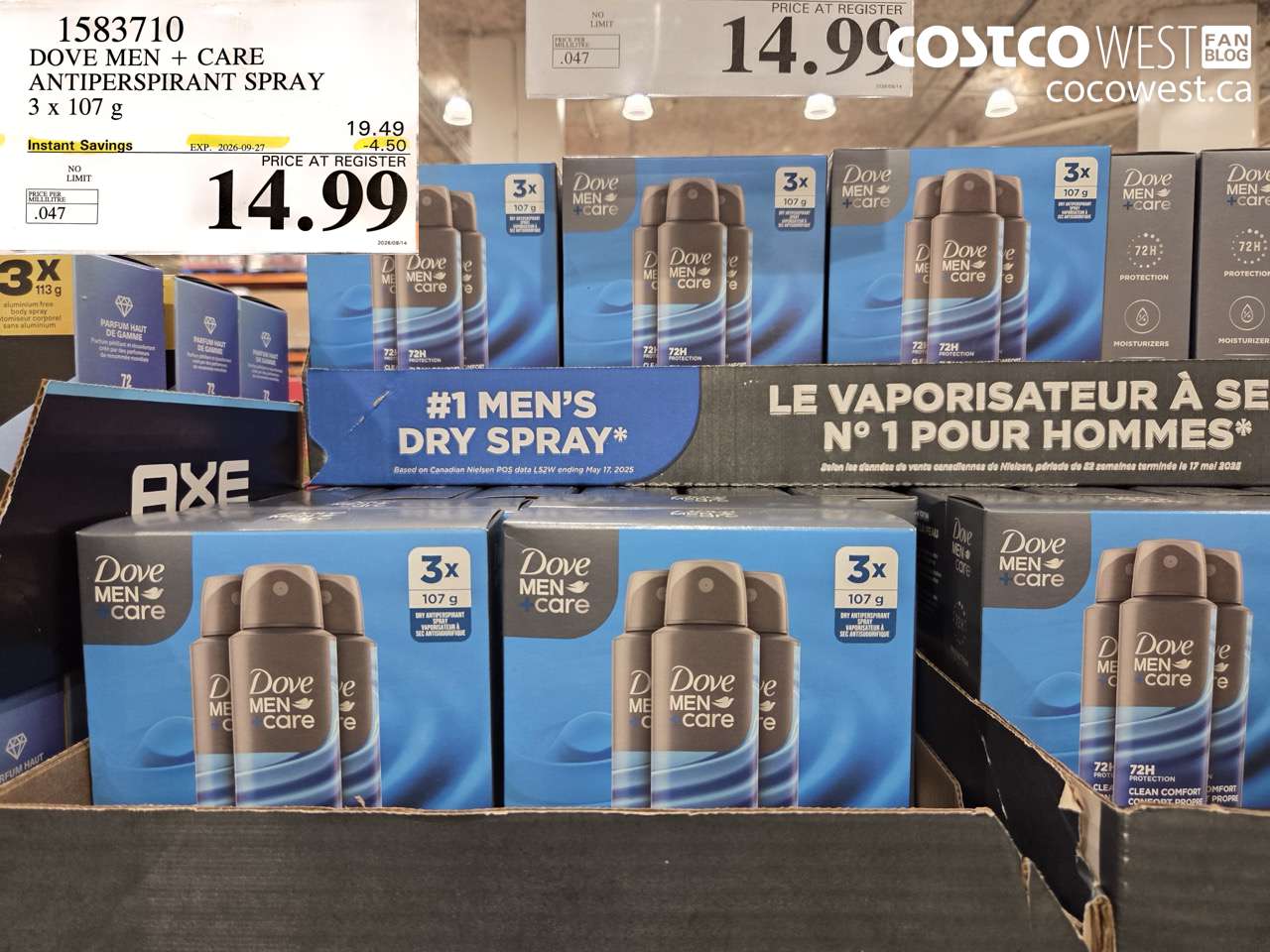 1583710 DOVE MEN + CARE ANTIPERSPIRANT SPRAY 3 X 107 G ($4.50 INSTANT SAVINGS EXPIRES ON 2026-09-27) $14.99