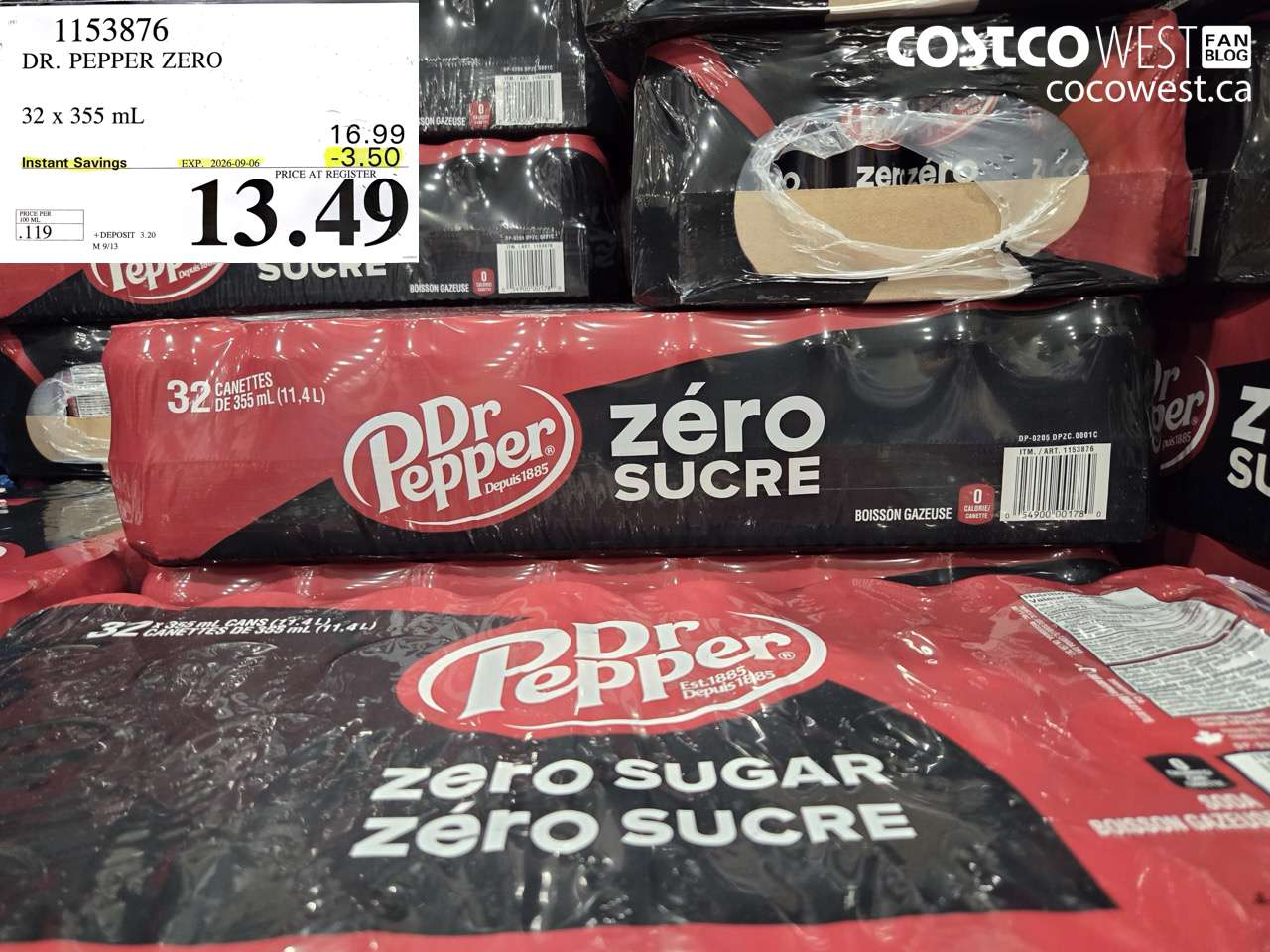 1153876 DR. PEPPER ZERO 32 X 355 ML ($3.50 INSTANT SAVINGS EXPIRES ON 2026-09-06) $13.49