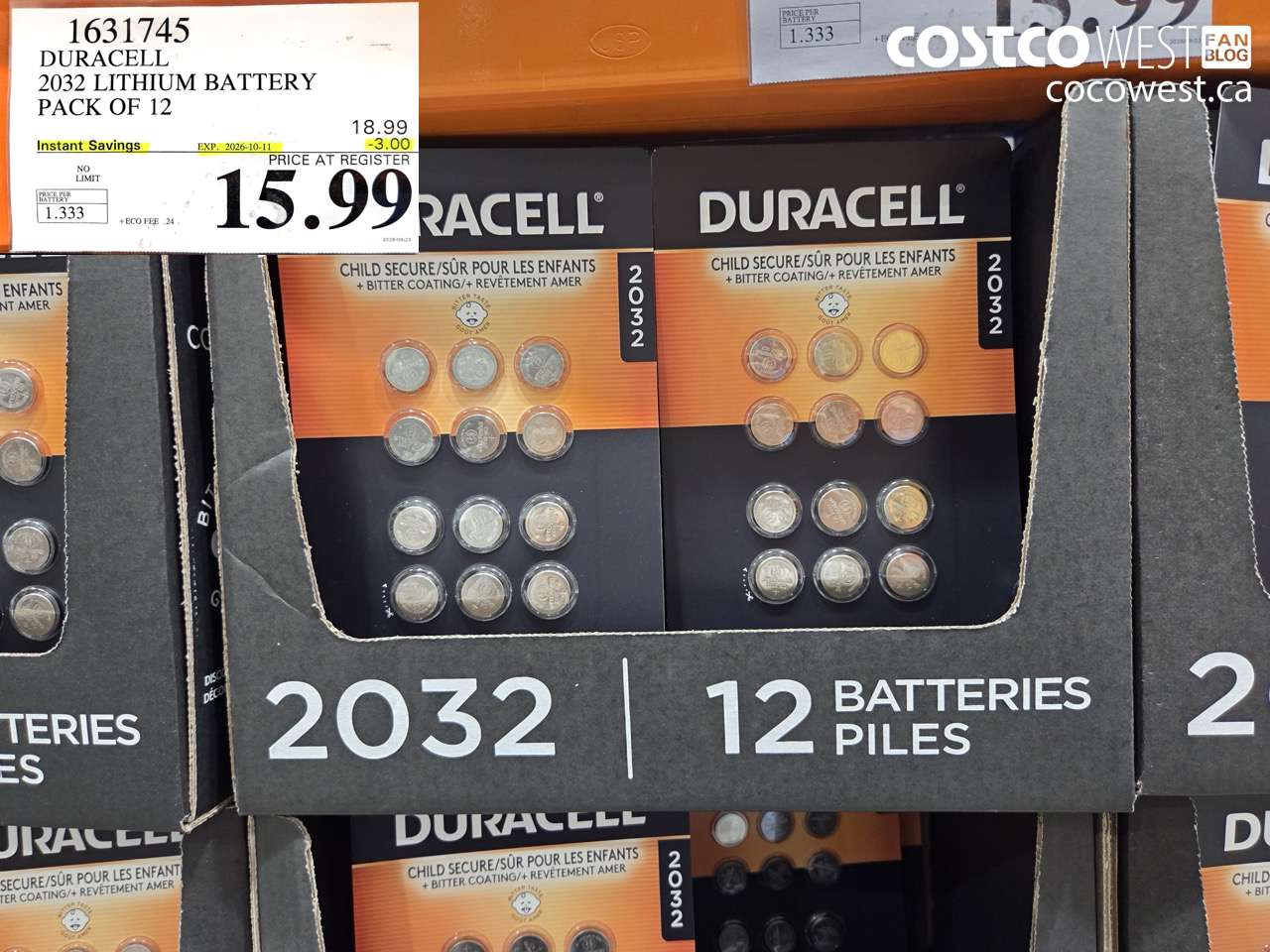 1631745 DURACELL 2032 LITHIUM BATTERY PACK OF 12 ($3.00 INSTANT SAVINGS EXPIRES ON 2026-10-11) $15.99