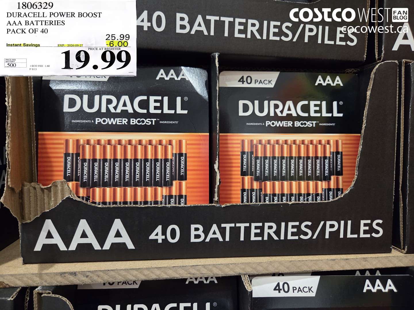 1806329 DURACELL POWER BOOST AAA BATTERIES PACK OF 40 ($6.00 INSTANT SAVINGS EXPIRES ON 2026-09-27) $19.99